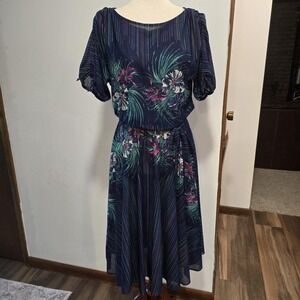 80s Beachy Floral Stripe Navy Blue Pink Low Back Tie Vintage Wrap‎ Dress Belt M*